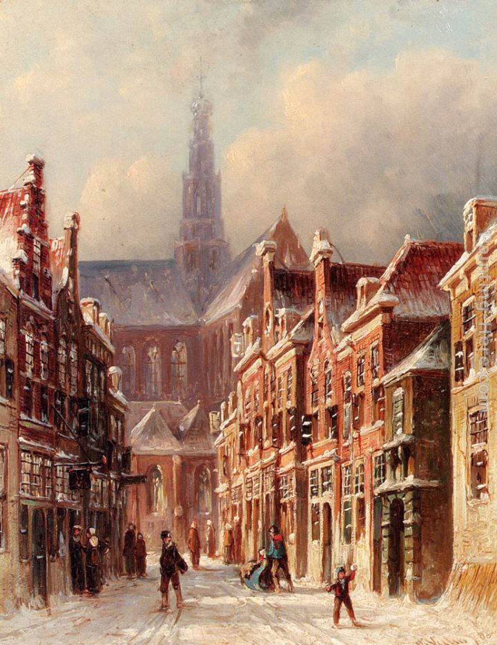 A Snowy Street With The St. Bavo Beyond, Haarlem painting - Pieter Gerard Vertin A Snowy Street With The St. Bavo Beyond, Haarlem art painting
